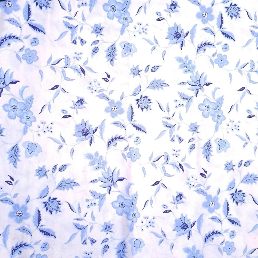 Vintage Floral Flat Bed Sheet Twin Blue White Vintage Toile Cottagecore Fabric